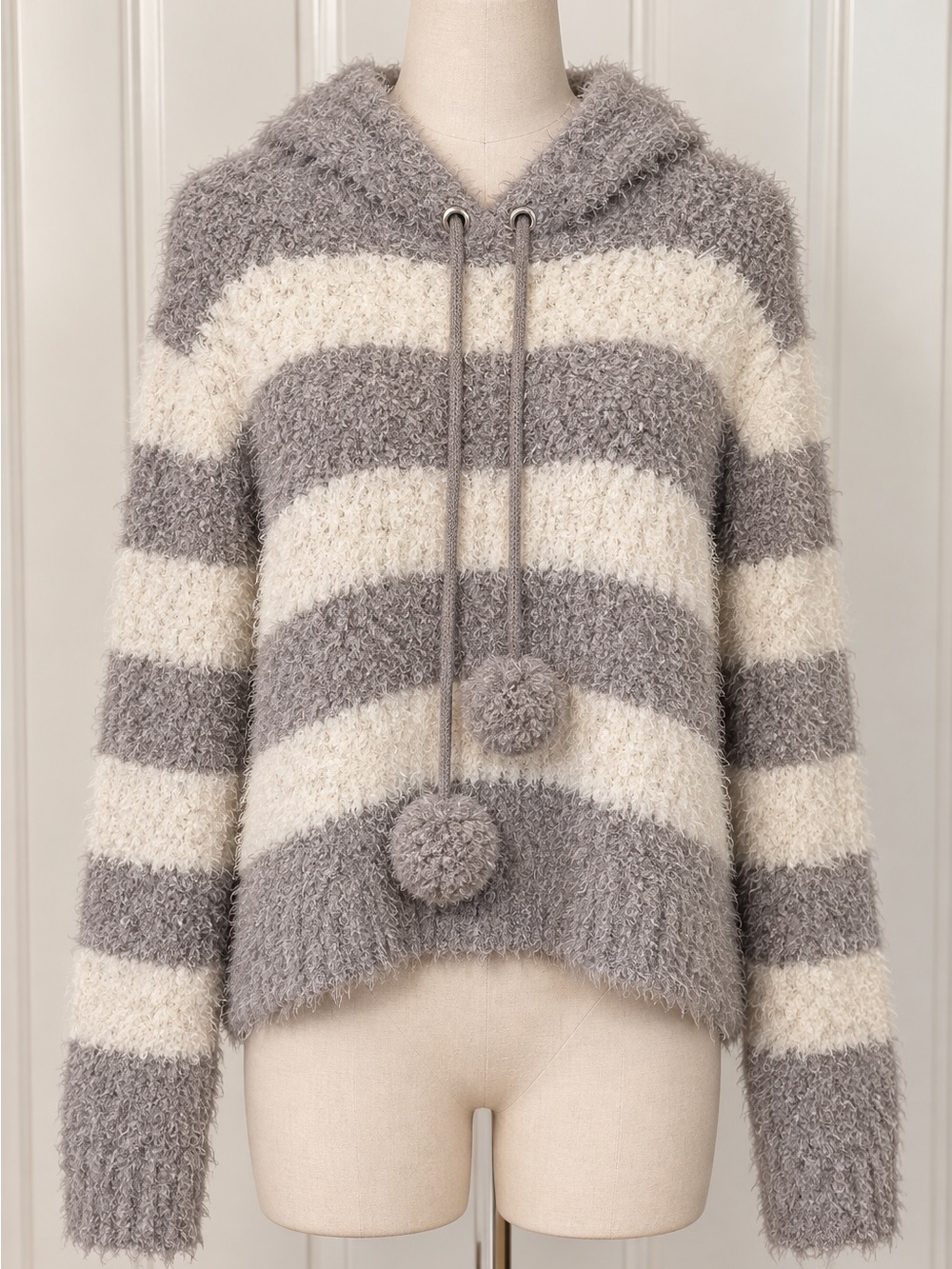 Harper Heritage Fuzzy Striped Hooded Sweater Gray Cream Size M